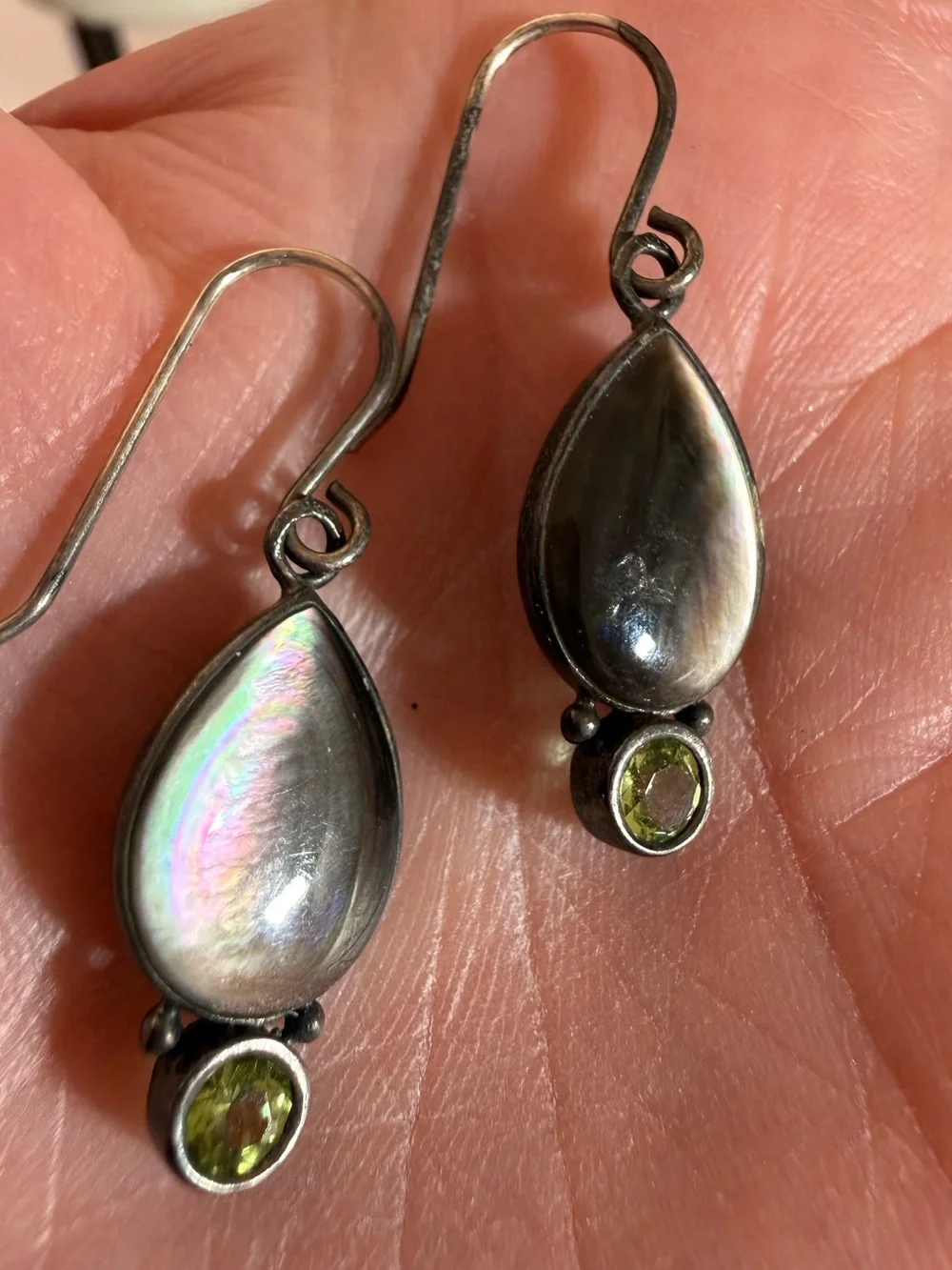 Sterling silver Abalone shell tear drop green Peridot Dangle Minimalist earrings